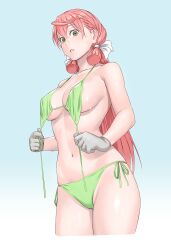 1girl akashi_(kancolle) areola_slip bikini commentary_request gloves green_bikini green_eyes grey_gloves hair_ribbon highres kantai_collection long_hair looking_at_viewer navel parted_lips pink_hair ribbon side-tie_bikini_bottom simple_background solo swimsuit tress_ribbon untied_bikini untied_bikini_top very_long_hair yuuji_(and)