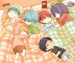 akashi_seijuurou aomine_daiki bag_of_chips bed black-framed_eyewear black_hair black_tank_top blanket blonde_hair blue_hair closed_eyes closed_mouth collared_shirt copyright_name ddmoo english_text food glasses green_hair green_hoodie grey_shorts hat holding holding_stuffed_toy hood hood_down hoodie kise_ryouta kuroko_no_basuke kuroko_tetsuya long_sleeves lying midorima_shintarou multiple_boys murasakibara_atsushi on_back on_bed on_side pajamas pillow pink_hoodie pocky purple_hair red_hair santa_hat shirt short_hair shorts sleeping sleepwear stuffed_animal stuffed_toy tank_top under_covers unworn_eyewear wavy_mouth yellow_hat yellow_shirt