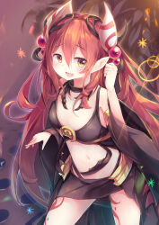 1girl absurdres arthropod_girl bikini black_bikini blush breasts collarbone detached_sleeves duel_monster highres kanzakietc leg_tattoo long_hair medium_breasts monster_girl navel open_mouth ponytail red_hair simple_background smile solo swimsuit tattoo traptrix_allomerus very_long_hair yellow_eyes yu-gi-oh!