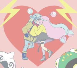 1boy 1girl 26gladiolus bellibolt cetoddle full_body grusha_(pokemon) heart hetero highres iono_(pokemon) kiss long_hair long_sleeves multicolored_hair nintendo pink_hair pokemon pokemon_(creature) pokemon_sv scarf sleeves_past_fingers sleeves_past_wrists two-tone_hair very_long_hair