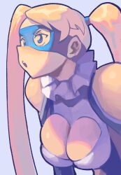 1girl blonde_hair blue_eyes blue_mask breasts clothing_cutout commentary domino_mask english_commentary highres large_breasts long_hair mask piku184 rainbow_mika simple_background solo street_fighter twintails wrestling_outfit