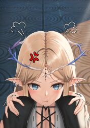 2girls absurdres anger_vein blonde_hair blue_eyes blush breasts cartethyia_(wuthering_waves) commentary commonalty cross-laced_clothes cross-laced_top crown_of_thorns earrings female_pov female_rover_(wuthering_waves) from_above grabbing_another&#039;s_breast groping highres jewelry large_breasts looking_at_viewer multiple_girls pointy_ears pout pov pov_breasts puff_of_air rover_(wuthering_waves) sidelocks tacet_mark_(wuthering_waves) wuthering_waves