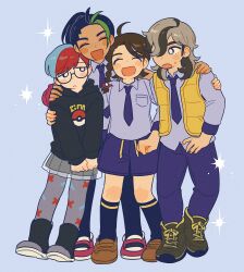 Rule 34 | 2hyu 00, :d, ^ ^, arven (pokemon), black boots, black hair, black hoodie, blue eyes, blue hair, blue pants, blue shirt, blue shorts, blush stickers, boots, braid, bright pupils, brown boots, brown hair, brown shoes, closed eyes, closed mouth, collared shirt, commentary request, dark-skinned female, dark skin, frown, full body, glasses, green hair, grey hair, grey pantyhose, grey skirt, highres, hood, hoodie, juliana (pokemon), korean commentary, lace-up boots, long hair, long sleeves, nemona (pokemon), nintendo, open clothes, open mouth, open vest, pants, pantyhose, penny (pokemon), pleated skirt, poke ball print, pokemon, pokemon sv, print hoodie, print pantyhose, red hair, red shoes, round eyewear, shirt, shoes, short hair, shorts, single braid, skirt, smile, standing, sweatdrop, vest, white pupils, yellow vest