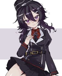 1girl age_toufu black_hair black_hat black_jacket black_skirt blue_archive collared_shirt commentary_request cowboy_shot fingernails flying_sweatdrops garrison_cap hair_between_eyes hair_ornament hairclip hand_on_own_chest hand_up haruka_(blue_archive) hat highres jacket juliet_sleeves long_hair long_sleeves looking_at_viewer no_halo pleated_skirt puffy_sleeves purple_eyes red_shirt shirt simple_background skirt smile solo white_background