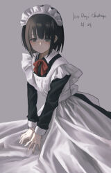 1girl apron black_dress black_hair bow bowtie catzz closed_mouth collared_dress commentary_request dress expressionless grey_background grey_hair highres long_sleeves looking_at_viewer maid maid_apron maid_headdress original red_bow red_bowtie short_hair simple_background solo white_apron