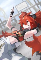 1girl animal_ears arm_strap armpits bear_ears black_gloves breasts closed_mouth crop_top eyepatch fake_animal_ears fingerless_gloves gloves highres holding holding_photo jacket koleda_belobog long_hair photo_(object) red_eyes red_hair small_breasts smile solo white_jacket zenless_zone_zero zeroartwo