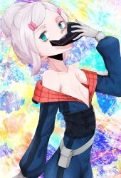 1girl absurdres bare_shoulders black_mask blue_eyes breasts commentary_request deux_murasame grey_hair gundam gundam_gquuuuuux highres holding holding_mask looking_at_viewer mask mecha_pilot_suit mt_(mt_203) off_shoulder small_breasts solo unworn_mask updo