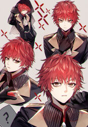 1boy ? alternate_costume annoyed ascot baocaizi black_gloves brown_eyes closed_eyes closed_mouth collared_shirt earrings formal_clothes gloves grey_background hand_in_pocket highres holding holding_vial jewelry looking_at_viewer male_focus naruto_(series) naruto_shippuuden open_mouth red_hair sasori_(naruto) serious shirt short_hair simple_background solo sparkle speech_bubble striped_clothes suit veil vial