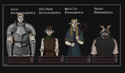 1girl 3boys absurdres armor beard blonde_hair braid brown_hair chilchuck_tims dungeon_meshi elf english_text facial_hair fear_&amp;_hunger fear_&amp;_hunger_(series) fear_&amp;_hunger_1 gameplay_mechanics greseadraws helm helmet highres holding holding_staff laios_touden long_hair marcille_donato multiple_boys parody pointy_ears senshi_(dungeon_meshi) short_hair simple_background staff style_parody twin_braids white_background yellow_eyes