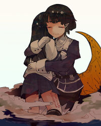 Rule 34 | 2girls, black hair, blouse, brown eyes, brown hair, closed eyes, crescent moon, gloves, hair bun, hair ornament, hug, itomugi-kun, jacket, kantai collection, long hair, moon, multiple girls, myoukou (kancolle), pantyhose, school uniform, serafuku, shirt, short hair, single hair bun, skirt, ushio (kancolle), white pantyhose