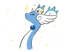 animal_focus closed_eyes commentary dragonair english_commentary gen_1_pokemon gen_4_pokemon gotchibam heart horns nintendo no_humans on_head open_mouth pachirisu pokemon pokemon_(creature) simple_background single_horn smile white_background