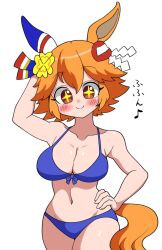 Rule 34 | + +, alternate costume, bikini, blush, breasts, cleavage, closed mouth, collarbone, hair between eyes, hair ornament, highres, horse girl, looking at viewer, matikanefukukitaru (umamusume), medium breasts, navel, orange eyes, orange hair, simple background, smile, sodeshita marshmallow, swimsuit, umamusume, white background