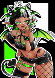 1girl :3 bare_shoulders black_hair black_shirt black_shorts blush colored_eyelashes colored_inner_hair commentary commission dark-skinned_female dark_skin demon_girl demon_horns demon_tail demon_wings english_commentary fang green_eyes green_hair green_horns hair_horns hair_intakes hair_ornament head_wings highres horns indie_virtual_youtuber midriff mole mole_under_eye multicolored_hair navel open_mouth outline panty_straps pointy_ears shirt short_shorts shorts smile smug solo somnimoww superfann tail thigh_strap virtual_youtuber white_eyelashes white_hair white_outline wings