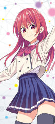 1girl absurdres black_thighhighs blazer blue_skirt blush bow bowtie breasts closed_mouth collared_shirt dot_nose female_focus highres hiroyuki jacket kanojo_mo_kanojo kneehighs long_hair long_image long_sleeves looking_at_viewer miniskirt official_art pleated_skirt red_bow red_bowtie red_eyes red_hair saki_saki_(kanojo_mo_kanojo) school_uniform shirt shirt_tucked_in skirt small_breasts smile socks solo solo_focus thighhighs thighs white_shirt zettai_ryouiki
