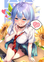 Rule 34 | 1girl, ahoge, blue eyes, blue hair, blue sweater, breasts, choker, cleavage, clothes around waist, collared shirt, crossed legs, danjo no yuujou wa seiritsu suru?, desk, flower, grey skirt, hand on own face, heart, highres, inuzuka himari, jacket, jacket around waist, large breasts, ldfe mk2, necktie, on desk, plaid clothes, plaid skirt, red necktie, school desk, school uniform, shirt, short hair, short sleeves, sitting, skirt, smile, solo, speech bubble, sunflower, sweater, white shirt