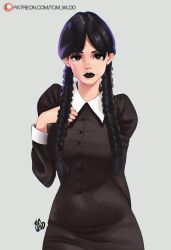Rule 34 | 1girl, addams family, aged up, black dress, black eyeshadow, black hair, black lips, braid, buttons, collar, collared shirt, cowboy shot, dress, expressionless, eyeshadow, highres, juliet sleeves, lipstick, long hair, long sleeves, makeup, parted bangs, pinup (style), puffy sleeves, shirt, solo, standing, tom wlod, twin braids, wednesday addams, white background, white collar, white sleeve cuffs