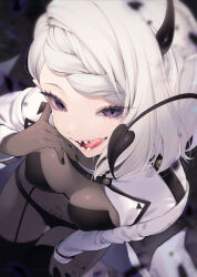 Rule 34 | 1girl, bent over, black bra, black nails, black panties, black thighhighs, blurry, blurry background, blush, bodysuit, bra, demon horns, demon tail, garter straps, highres, horns, jacket, long hair, looking at viewer, n (m ohkamotoh), navel, original, panties, pubic tattoo, purple eyes, sharp teeth, smile, solo, tail, tattoo, teeth, thighhighs, tongue, tongue out, underwear, white hair, white jacket