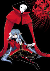 Rule 34 | 1boy, 1girl, black background, black legwear, black skirt, blue eyes, blue hair, closed mouth, floating, flower, frills, gloves, heterochromia, highres, holding person, jinni, long hair, mask, pink lips, pixiv fantasia, pixiv fantasia t, pointy ears, red flower, red neckwear, red ribbon, ribbon, signature, sitting, skirt, spider lily, white gloves, white neckwear, yellow eyes