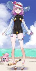 1girl 1other baseball_bat beach bikini bikini_over_clothes black_bodysuit bodysuit breasts cloud covered_navel feet full_body garter_straps gold_bikini hat head_bump helmet heterochromia highres himemori_luna hololive legs luknight_(himemori_luna) micro_bikini ocean off_shoulder open_clothes open_shirt pink_hair sandals shio_no.9 shirt short_hair single_garter_strap sky smile standing sun_hat swimsuit thighs toes white_hat white_shirt