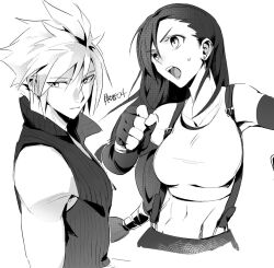1boy 1girl abs bare_shoulders breasts clenched_hand cloud_strife collarbone commentary earrings elbow_gloves final_fantasy final_fantasy_vii final_fantasy_vii_advent_children final_fantasy_vii_remake fingerless_gloves from_side gloves greyscale hair_between_eyes jewelry long_hair looking_to_the_side low-tied_long_hair medium_breasts midriff monochrome navel open_mouth popped_collar ribbed_shirt shirt short_hair simple_background single_earring skirt sleeveless sleeveless_shirt spiked_hair suspender_skirt suspenders sweatdrop tank_top tifa_lockhart toned toned_female upper_body vani_(hisha_04) white_tank_top