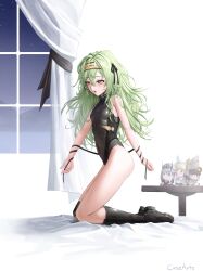 1girl absurdres black_leotard blush boots breasts character_doll chime_(nikke) crown_(nikke) curtains doctorcroe full_body goddess_of_victory:_nikke green_eyes green_hair hair_between_eyes highres indoors kilo_(nikke) kneeling leotard long_hair looking_at_viewer modernia_(nikke) open_mouth small_breasts solo thighs window