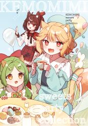 3girls :3 :d absurdres ahoge animal_ear_fluff animal_ears balloon blonde_hair blue_dress blue_hat blush bow bowtie brown_bow brown_bowtie brown_hair cat_ears cat_girl cat_tail center_frills chair collared_dress commentary_request contrast_collar cover cover_page cup donut dress food frilled_shirt_collar frilled_skirt frills green_hair hat highres holding holding_cup juliet_sleeves long_sleeves looking_at_viewer macaron multiple_girls neck_ribbon open_mouth original plaid_clothes plaid_skirt plate puffy_sleeves red_eyes red_skirt ribbon shirt short_hair sitting skirt smile tail tea teacup teapot thick_eyebrows tsukumi_bis white_shirt yellow_eyes yellow_ribbon