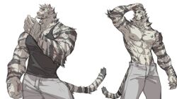 1boy abs animal_ears arknights bandage_in_mouth bara black_shirt black_tank_top claws clenched_teeth closed_mouth cross_scar facial_scar furry furry_male highres hujusheng infection_monitor_(arknights) looking_at_viewer looking_to_the_side male_focus mountain_(arknights) multiple_scars multiple_views muscular muscular_male nipples pants pawpads pectorals scar scar_across_eye scar_on_arm scar_on_cheek scar_on_face scar_on_shoulder shirt sleeveless sleeveless_shirt tail tank_top teeth tiger_boy tiger_ears tiger_stripes tiger_tail topless_male white_background white_pants