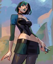 Rule 34 | 1girl, black choker, black hair, black pantyhose, breasts, choker, commentary, crop top, english commentary, green hair, green lips, green skirt, gwen (total drama), highres, holding, holding phone, jeremy anninos, makeup, medium breasts, midriff, miniskirt, multicolored hair, pantyhose, phone, short hair, skirt, solo, total drama, two-tone hair, two-tone skirt
