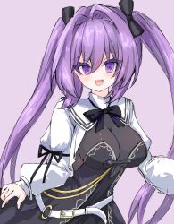 1girl :d assault_lily belt belt_buckle black_bow black_bowtie black_dress black_ribbon bodystocking bow bowtie breasts buckle cleavage commentary_request dress fang hair_between_eyes hair_bow hair_intakes hands_up highres large_breasts layered_dress light_blush long_hair looking_at_viewer loose_belt neni_hatahachi o-ring o-ring_belt open_mouth purple_background purple_eyes purple_hair ribbon see-through_clothes sejima_hiromu shrug_(clothing) simple_background sketch skirt_hold sleeve_ribbon smile solo standing strapless strapless_dress twintails upper_body very_long_hair white_belt