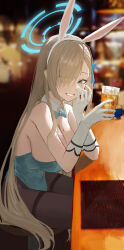 Rule 34 | 1girl, absurdres, alcohol, animal ear hairband, animal ears, asuna (blue archive), asuna (bunny) (blue archive), bare shoulders, black pantyhose, blonde hair, blue archive, blue eyes, blue leotard, blue ribbon, blush, breasts, cup, drink, eyes visible through hair, fake animal ears, gloves, grin, haimaotuanzi, hair over one eye, hair ribbon, hairband, hand on own face, highleg, highleg leotard, highres, holding, holding cup, holding drink, leotard, long hair, looking at viewer, mole, mole on breast, official alternate costume, on stool, pantyhose, rabbit ear hairband, rabbit ears, ribbon, sidelocks, sitting, smile, solo, strapless, strapless leotard, white gloves, white hairband