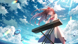 1girl :d ahoge blue_sky blush brown_hair closed_eyes cloud commentary_request dress highres instrument keyboard_(instrument) koh_rd long_hair open_mouth original pleated_dress sky smile solo sundress tongue u_u water_drop white_dress wind