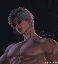 1boy bare_shoulders collarbone grey_hair highres looking_down love_and_deepspace male_focus nipples nose parted_bangs parted_lips pectorals red_eyes short_hair signature solo sweat sylus_(love_and_deepspace) teeth very_sweaty watermark weibo_username weibo_watermark wo_zhen_de_hao_e_ya
