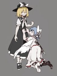 Rule 34 | 2girls, angel wings, bare arms, black footwear, black hat, black skirt, black vest, blonde hair, blue hair, bolos, bow, clothes grab, collared vest, commentary, drooling, feathered wings, frilled shirt, frilled skirt, frilled sleeves, frills, full body, grey background, grin, hair bow, half-closed eye, hat, hat bow, kneeling, long skirt, mai (touhou), mary janes, medium hair, multiple girls, neckerchief, one eye closed, pale skin, pinstripe pattern, pinstripe shirt, pleated skirt, shirt, shirt grab, shoes, short hair, simple background, skirt, skirt set, smile, socks, standing, touhou, touhou (pc-98), vest, white bow, white footwear, white neckerchief, white shirt, white skirt, white socks, white wings, wings, yellow eyes, yuki (touhou), yuri