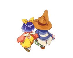 1boy 1girl black_mage_(final_fantasy) blue_coat blue_hair bodysuit boots bow brown_footwear coat eiko_carol facing_away final_fantasy final_fantasy_ix from_above full_body hair_bow hat highres horns mini_wings nodoka0707 overalls pants pink_bodysuit red_sweater short_hair single_horn striped_clothes striped_pants sweater vivi_ornitier walking white_background wings wizard_hat yellow_bow yellow_overalls