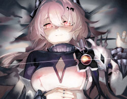 1girl ao_oni_(onioni-aoi) arknights black_dress cleavage_cutout clothing_cutout covered_erect_nipples dress highres horns jewelry light_blush long_hair long_sleeves looking_at_viewer multiple_rings on_bed pink_eyes pink_hair ring sexually_suggestive smile solo sweat theresa_(arknights) turtleneck turtleneck_dress two-tone_dress upper_body white_dress