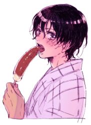 1boy 3_1_21 banana black_hair blush chocolate-covered_food chocolate_banana eating fellatio food fruit hair_between_eyes holding holding_food japanese_clothes kimono looking_at_viewer male_focus mizuki_hajime open_mouth oral purple_eyes sexually_suggestive short_hair simulated_fellatio solo tennis_no_ouji-sama upper_body wavy_hair white_background white_kimono yukata