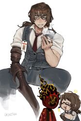 1boy 1other arthropod_limbs beard_stubble belt black_vest brown_eyes brown_hair bug burning chibi chibi_inset cigarette coat cockroach collared_shirt commentary dante_(limbus_company) english_commentary facial_hair fiery_hair glasses gregor_(project_moon) hand_up highres holding holding_cigarette id_card insect limbus_company looking_at_viewer low_ponytail multiple_views necktie ponytail project_moon prosthetic_head red_coat red_necktie red_shirt shirt sitting sleeves_rolled_up smoking spread_legs stubble tomoart985 twitter_username vest white_shirt
