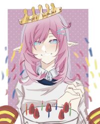 1girl absurdres birthday_cake blue_eyes border cake chinese_commentary commentary_request crown dai3844152 elf elysia_(honkai_impact) food fruit happy_birthday highres honkai_(series) honkai_impact_3rd long_hair pink_hair pointy_ears purple_background shirt smile solo strawberry white_border white_shirt