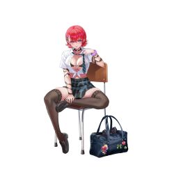 1girl adjusting_clothes adjusting_necktie arm_tattoo badge bag bead_bracelet beads black_bra black_choker black_shoes black_thighhighs blue_bag blush bra bracelet breasts button_badge chair checkered_clothes checkered_skirt choker cleavage collared_shirt diagonal-striped_clothes diagonal-striped_necktie ear_piercing explosive feet_on_chair floral_print flower front-tie_bra full_body green_necktie grenade gyaru hair_between_eyes hair_flower hair_ornament heart heart_choker highres janghwa_(last_origin) jewelry lace lace-trimmed_bra lace-trimmed_thighhighs lace_bra lace_trim large_breasts last_origin linea_alba loafers looking_at_viewer microskirt mole mole_under_eye multiple_moles nail_polish necktie official_alternate_costume official_art open_clothes open_mouth open_shirt piercing pleated_skirt pom_pom_(clothes) purple_eyes purple_scrunchie red_hair red_nails ribbon ribbon-trimmed_bra ribbon_trim school_bag school_chair school_uniform scrunchie shirt shoes short_hair short_sleeves simple_background sitting skirt slit_pupils smiley_face solo spread_legs striped_clothes stuffed_animal stuffed_cat stuffed_toy tachi-e taesi tattoo teeth thick_thighs thighhighs thighs third-party_source thorn_print tied_shirt tongue transparent_background underwear upper_teeth_only v-shaped_eyebrows white_ribbon white_shirt x_hair_ornament