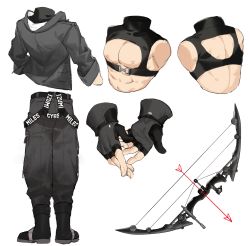 1boy abs absurdres alternate_costume arrow_(projectile) bara belt bird bow_(weapon) chest_harness costume_chart eagle eddie_(gyee) equipment_layout fingerless_gloves full_body gloves gondom gyee harness highres jacket large_pectorals male_focus multiple_views muscular navel nipples pants pectorals shoes short_hair topless_male torso weapon weapon_on_back white_background
