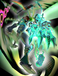 Rule 34 | absurdres, bug, digimon, digimon (creature), evolutionary line, from behind, full body, highres, midair, papipupepopth, red hair, short hair, solo focus, stingmon, transformation, wireframe, wormmon