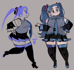 1girl 2023 black_skirt black_thighhighs blue_eyes blue_hair blue_necktie blue_shoes blue_trim blush_stickers breasts detached_sleeves grey_background grey_shirt hair_ornament hairclip hand_on_own_hip hatsune_miku high_heels large_breasts long_hair medium_breasts multiple_views necktie pleated_skirt plump profile pumps shirt shoes simple_background skirt thatskidding thick_thighs thighhighs thighs toon_(style) twintails very_long_hair vocaloid walking