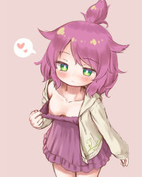 1girl arinu benimo-chan blush breasts bright_pupils closed_mouth clothes_pull collarbone downblouse dress dress_pull female_focus green_eyes hair_flaps heart hood hooded_jacket jacket long_sleeves medium_hair nipples no_bra original pulling_own_clothes purple_background purple_dress purple_hair simple_background single_bare_shoulder sleeves_past_wrists small_breasts solo spoken_heart strapless strapless_dress swept_bangs topknot white_pupils