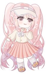Rule 34 | 1girl, absurdly long hair, absurdres, bow, bowtie, brown shoes, buttons, chibi, chinese commentary, colored tips, commentary request, crest, eyelashes, footwear bow, grey bow, grey bowtie, grey socks, hair between eyes, hand on own shoulder, happy, hat, highres, infinity nikki, kneehighs, light blush, light particles, loafers, long hair, long sleeves, looking to the side, medium skirt, multicolored hair, nikki (series), open mouth, orange bow, pink eyes, pink hair, pink sailor collar, pink skirt, pleated skirt, puffy long sleeves, puffy sleeves, ribbon print, sailor collar, school uniform, shirt, shoes, simple background, skirt, sleeves past wrists, smile, socks, solo, sparkle, standing, stylist (nikki), very long hair, visor cap, wavy hair, white background, white hat, white shirt, zhizhizhizhizhizong