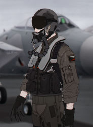 1boy ace_combat ace_combat_zero aircraft airplane cipher_(ace_combat) covered_face f-15 f-15_eagle fighter_jet flight_suit g-suit gloves helmet highres military military_uniform military_vehicle pilot pilot_helmet pilot_suit pilot_uniform skyleranderton