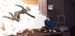 1boy 1girl animification artist_request black_gloves blonde_hair bodysuit brown_hair fingerless_gloves gloves highres long_sleeves marvel marvel_cinematic_universe sentry_(marvel) short_hair superhero_costume thunderbolts_(movie) yelena_belova