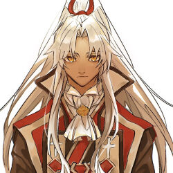 Rule 34 | 1boy, amakusa shirou (fate), amakusa shirou (third ascension) (fate), black coat, coat, commentary request, dark-skinned male, dark skin, fate/apocrypha, fate (series), frown, high ponytail, long hair, male focus, orange eyes, ponytail, sekaihan (jpyee48), solo, upper body, white hair