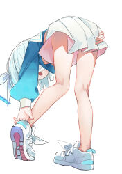 1girl absurdres adjusting_footwear aqua_hair arona_(blue_archive) bent_over blue_archive blue_halo blue_shirt bow breasts chinese_commentary commentary_request footwear_bow from_behind full_body hair_bow halo hand_on_own_ass heel_up highres huge_filesize kneepits leaning_forward legs loli long_sleeves miniskirt open_mouth pink_skirt pinko_(oknip) pleated_skirt puffy_long_sleeves puffy_sleeves sailor_collar sailor_shirt school_uniform serafuku shirt shoe_soles shoes short_hair skirt sneakers solo standing two-sided_fabric two-sided_skirt white_bow white_shoes white_skirt
