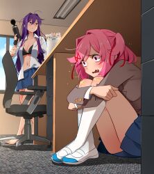 2girls absurdres anime_girl_hiding_from_a_terminator_(meme) bandaid bandaid_on_knee bandaid_on_leg barefoot black_bra blue_skirt bra breasts calendar_(object) carpet chair commentary desk doki_doki_literature_club doki_doki_literature_club_school_uniform empty_eyes english_commentary fang feet fluorescent_lamp flustered furrowed_brow hair_ornament hairclip hiding highres hugging_own_legs indoors june khyle. knees_to_chest large_breasts lgbt_pride lipstick_mark lipstick_mark_on_face lipstick_mark_on_leg long_sleeves loose_neck_ribbon meme multiple_girls natsuki_(doki_doki_literature_club) navel neck_ribbon office_chair open_clothes open_shirt parted_lips pink_hair pleated_skirt pride_month purple_eyes purple_hair red_ribbon ribbon scar scar_on_breasts scar_on_stomach school_uniform sex_toy shirt shoes skirt sweat swivel_chair tearing_up toes two_side_up underwear uwabaki vibrator white_shirt wide-eyed window yuri_(doki_doki_literature_club)