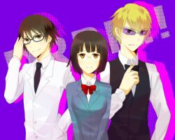 Rule 34 | 1girl, 2boys, 3310suzuka, black bow, black bowtie, black hair, black vest, blonde hair, bob cut, bow, bowtie, coat, copyright name, durarara!!, glasses, heiwajima shizuo, kishitani shinra, looking at viewer, multiple boys, necktie, purple background, raira academy school uniform, red bow, red bowtie, school uniform, shirt, short hair, smile, sonohara anri, sunglasses, vest, white coat, white shirt, yellow eyes